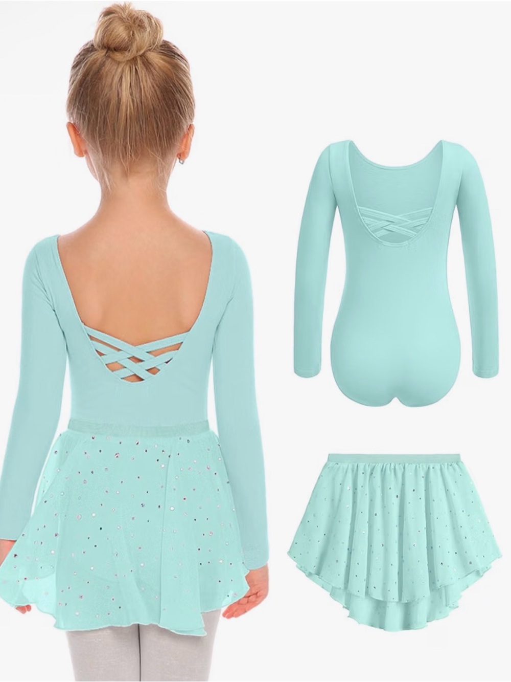 Girls Light Aqua Long-Sleeve Dance Leotard with Sparkle Skirt